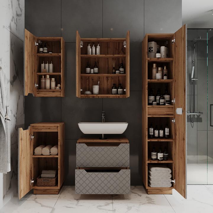 Produktbild Vicco Badmöbel-Set Lotta, Eiche/Grau mit Kachelstruktur, 3 Teile