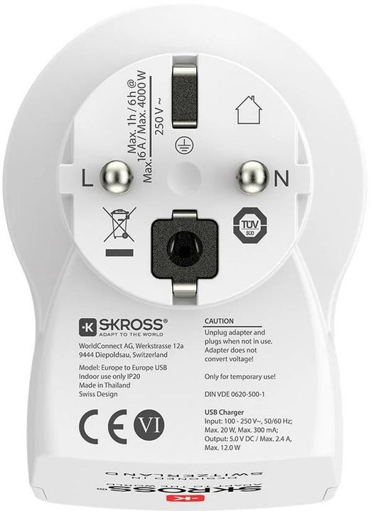 Produktbild Skross 1500282 Zwischensteckdose mit USB Weiss