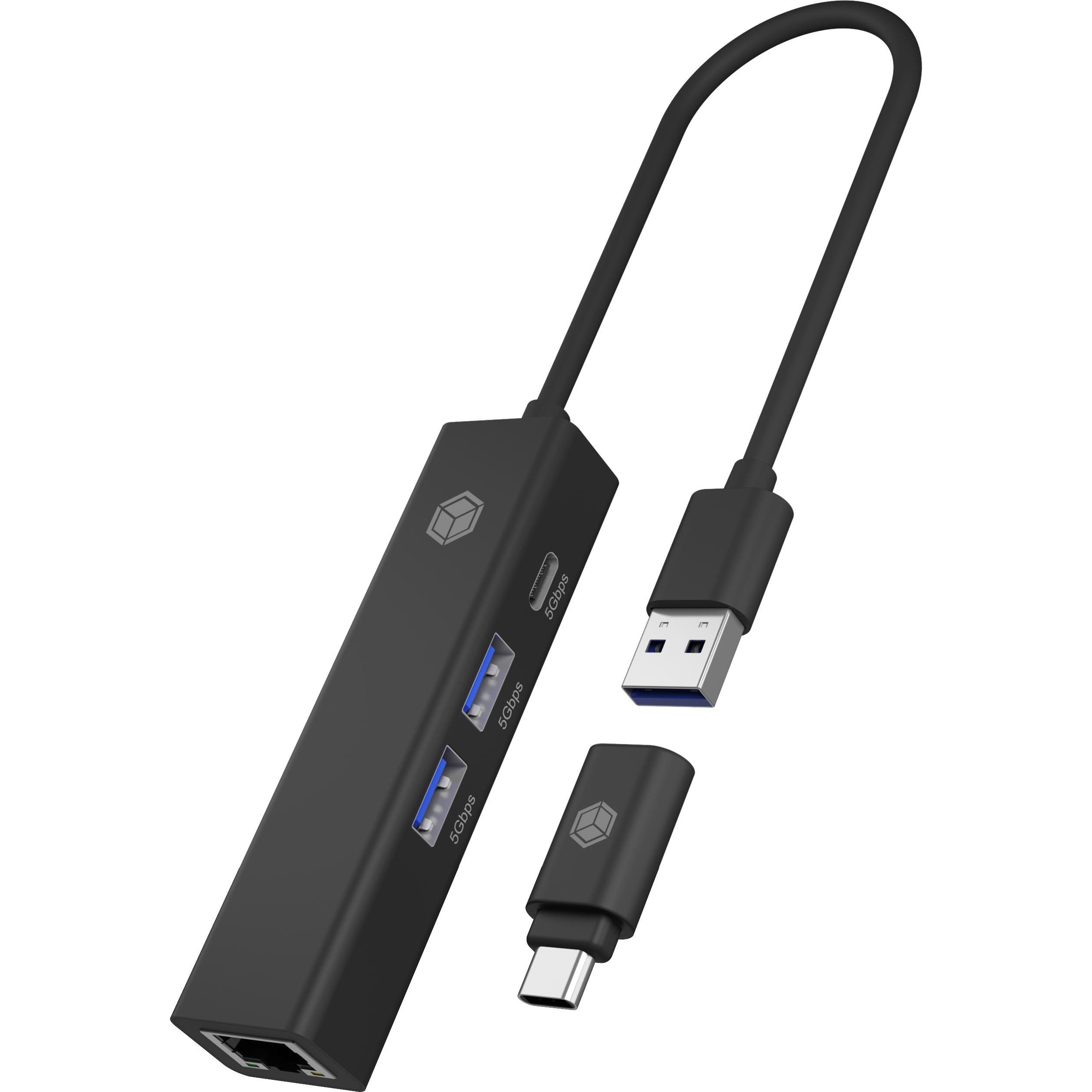 Icy Box IB-HUB1439-LAN (USB-A, USB-C, 4 Ports), Dockingstation + USB Hub, Schwarz