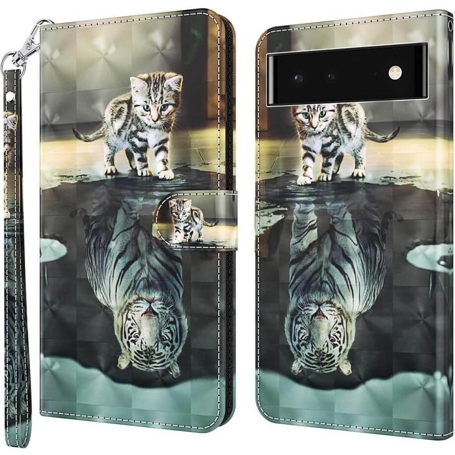 Cover-Discount Google Pixel 7 Pro - Etui Glanz Effekt Katze (Google Pixel 7 Pro), Smartphone Hülle, Mehrfarbig