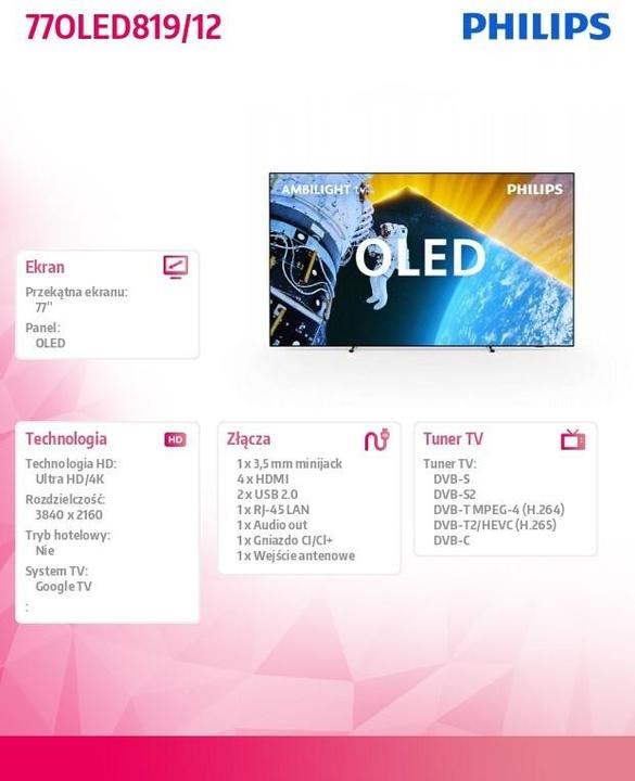 Immagine prodotto Philips Ambilight 77OLED819 4K OLED Smart TV (77", OLED, 4K)