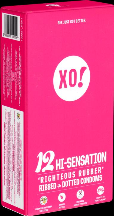 Produktbild XO! HI-Sensation» 12 stimulierende, vegane Kondome mit Rippen und Noppen - biologisch abbaubar (12 Stk.)