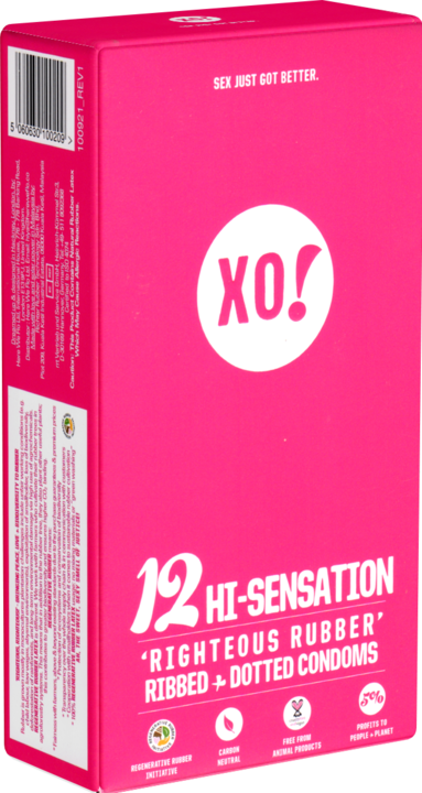Produktbild XO! HI-Sensation» 12 stimulierende, vegane Kondome mit Rippen und Noppen - biologisch abbaubar (12 Stk.)