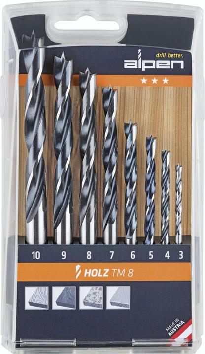 Actual product image Alpen Wood twist drill set (3 mm, 4 mm, 5 mm, 6 mm, 7 mm, 8 mm, 9 mm, 10 mm)