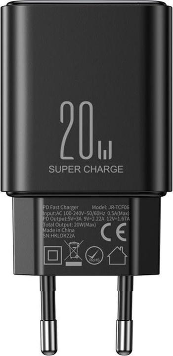 Actual product image Joyroom JR-TCF06 Flash Series PD 20W Single-Port Charger-Black (EU)+C to L Cable 1m-Black (20 W, 1 portion)