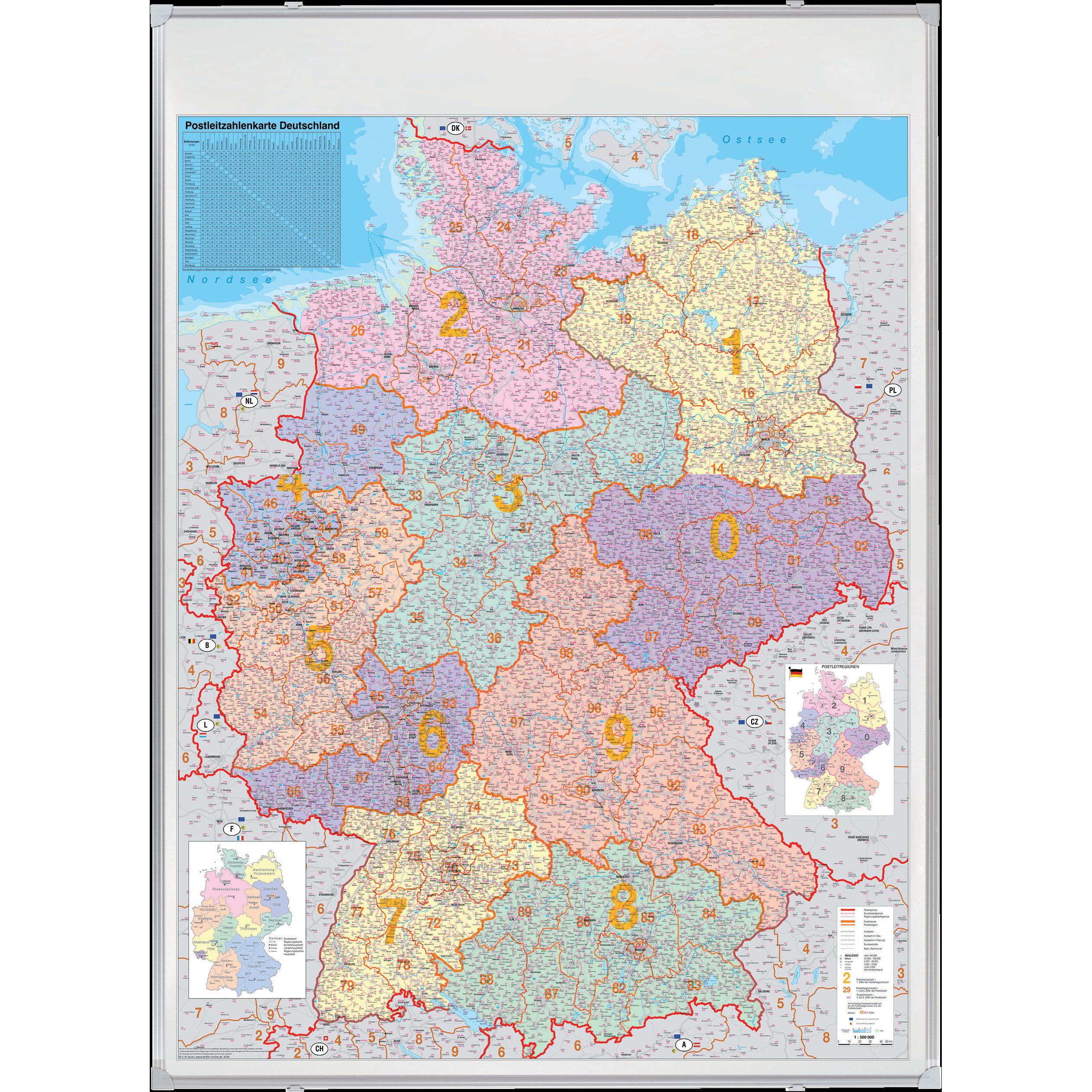 Franken, Pinnwand, Kartentafel PLZ Deutschland pinnbar (98 x 140 cm)