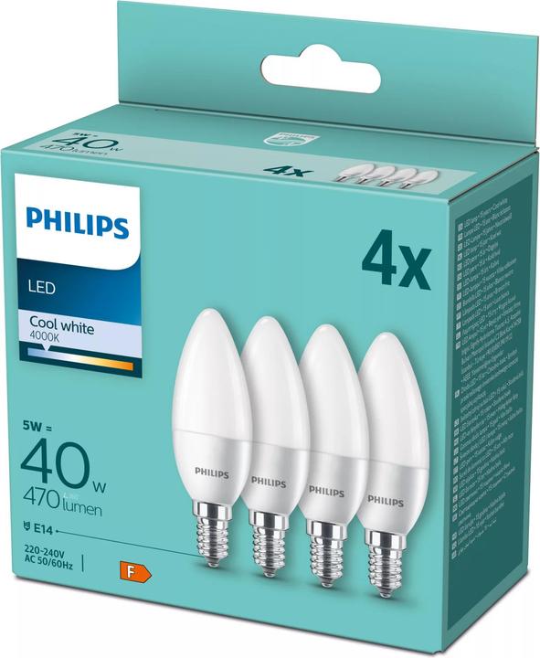 Image du produit Philips Ampoule LED E14 Lot de 4 en forme de bougie 40W 4000K (E14, 4.90 W, 470 lm, 4 x, F)