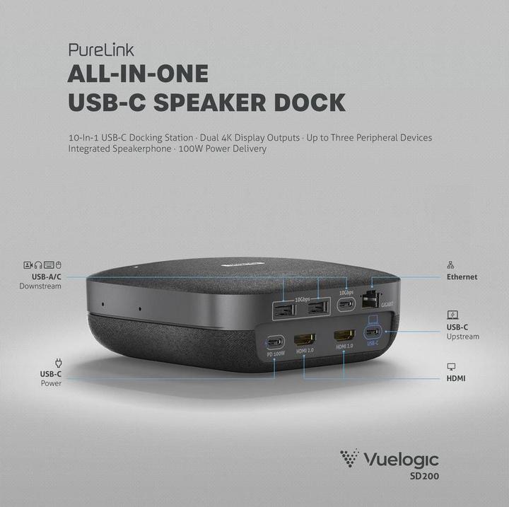 Produktbild Purelink Vuelogic - Speakerdock - SD200 - Kombination aus Lautsprecher, Mikrofon und Dockingstation - 4K-Unt (USB-C, 10 Ports)