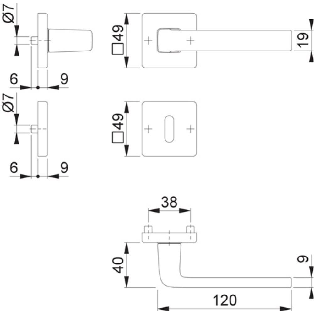 Thumbnail - Hoppe, Türgriff + Fenstergriff, Rosettengarnitur Dublin 1124 / 843KV/843KVS Aluminium F249 eckig OB DIN links / rechts D...