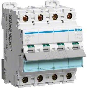 Hager, Schutzschalter, HAG NDN420 Leitungsschutzschalter 4 polig 10kA D-Charakteristik 20A 4 Module