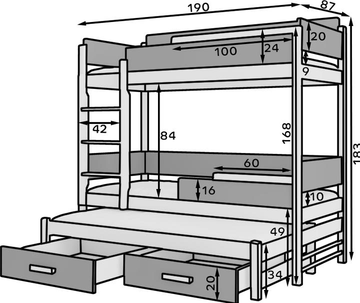 Image du produit ADRK Furniture Lit superposé triple avec matelas QUEEN 180x80 (80 x 180 cm)
