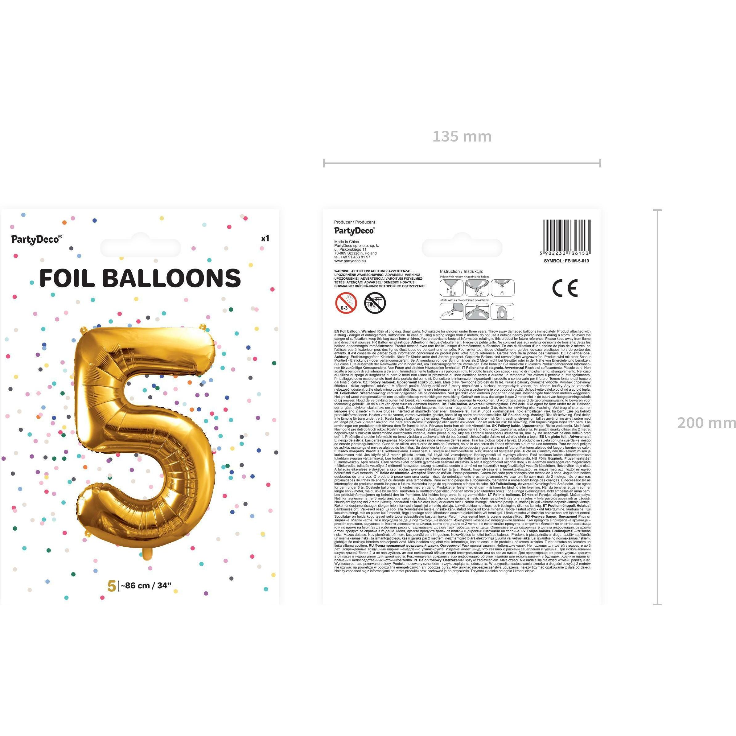 Thumbnail - Partydeco Alu-Ball Ziffer "5" Gold