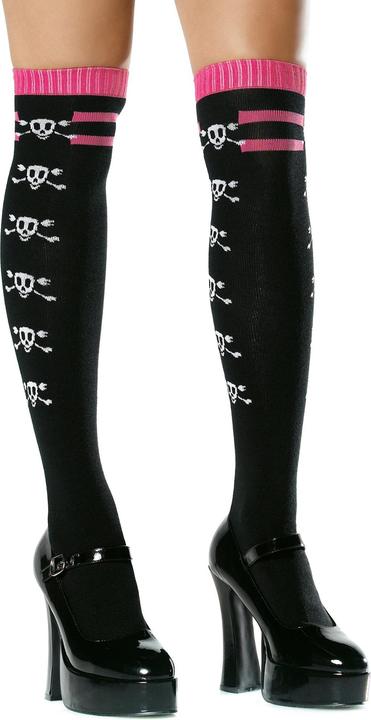 Leg Avenue Overknee-Strümpfe mit Totenkopf-Muster Schwarz/Pink