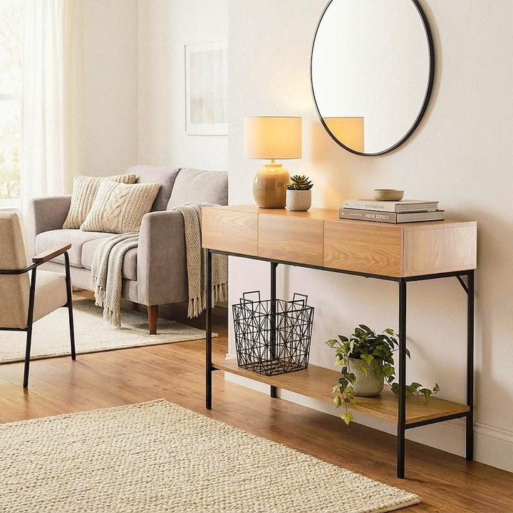 Image du produit CaliCosy Console 3 tiroirs avec 1 tablette inférieure décor bois et métal noir L120 cm - TESSA (120 x 35 x 80.50 cm)