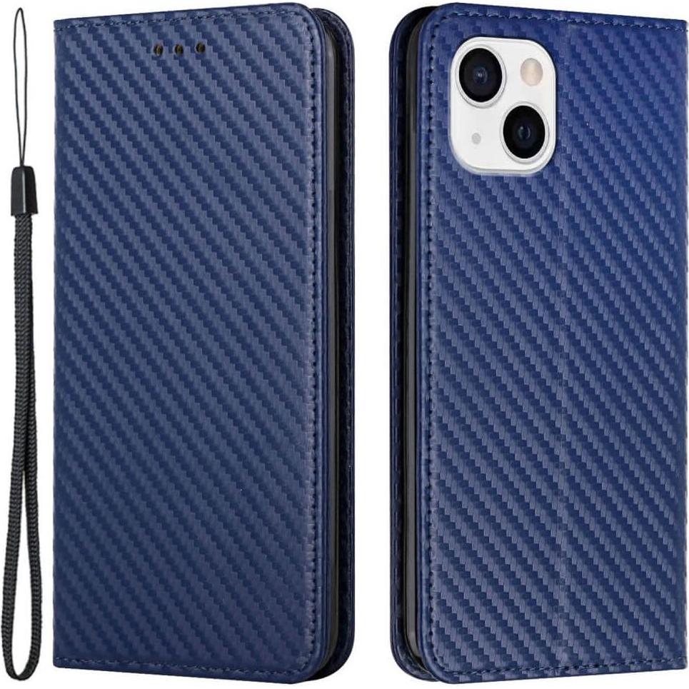 Cover-Discount iPhone 15 Plus - Carbon Look Flip Case Hülle blau (Apple iPhone 15 Plus), Smartphone Hülle, Blau