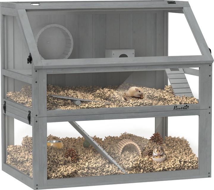 PawHut Hamsterkäfig Tannenholz, Acryl Hellgrau