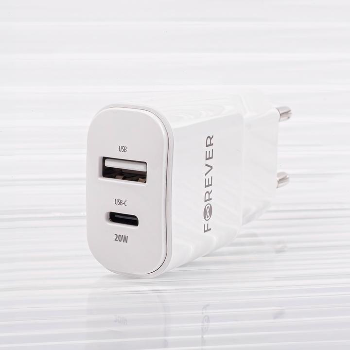 Produktbild Forever TC-01-20AC PD QC Ladegerät 1x USB-C 1x USB 20W weiss + USB-C - Lightning Kabel 20W (20 W)