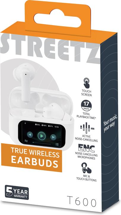 Actual product image Streetz T600 TWS earphones with LCD, ANC and ENC, white (ANC, 5 h, Wireless)