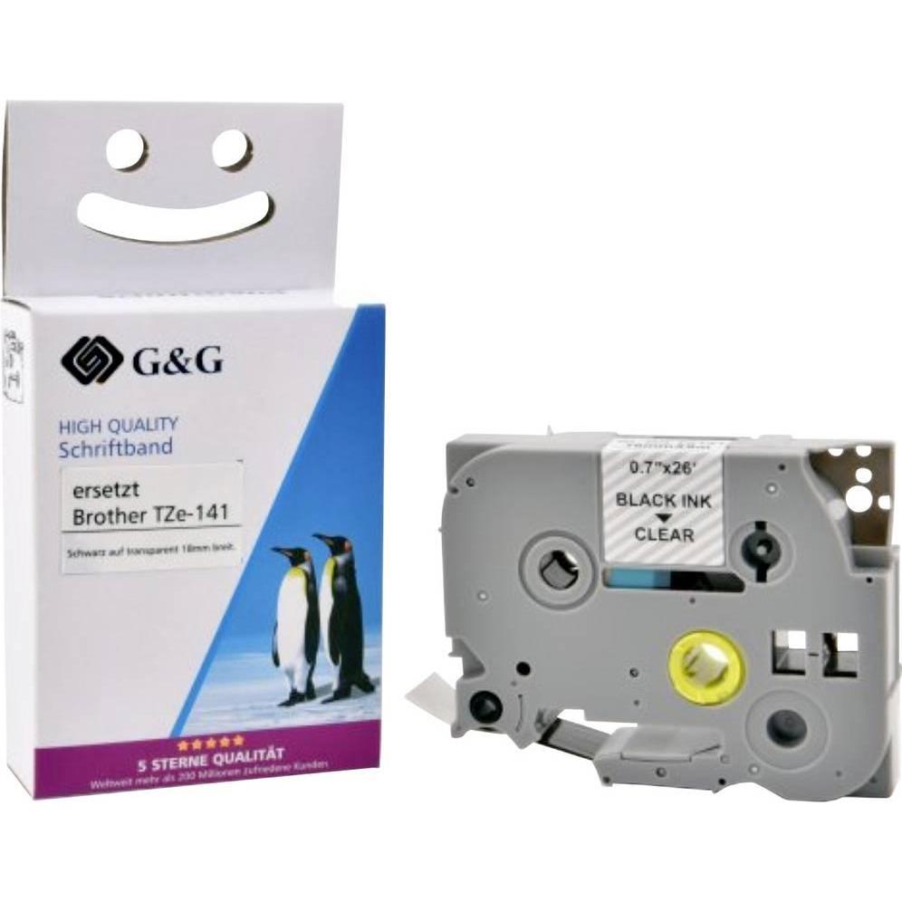 G&G, Nastro di marcatura, Kompatibel mit Brother TZe-141 Schriftband (18mm x 8m, laminiert) Schwarz auf tr (1.80 cm, Nero, Trasparente)