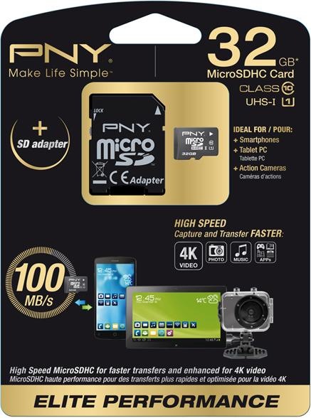 PNY microSDHC-kaart 32 GB,, UHS-I Elite-Perf (32 GB, microSDHC, U1, UHS-I)
