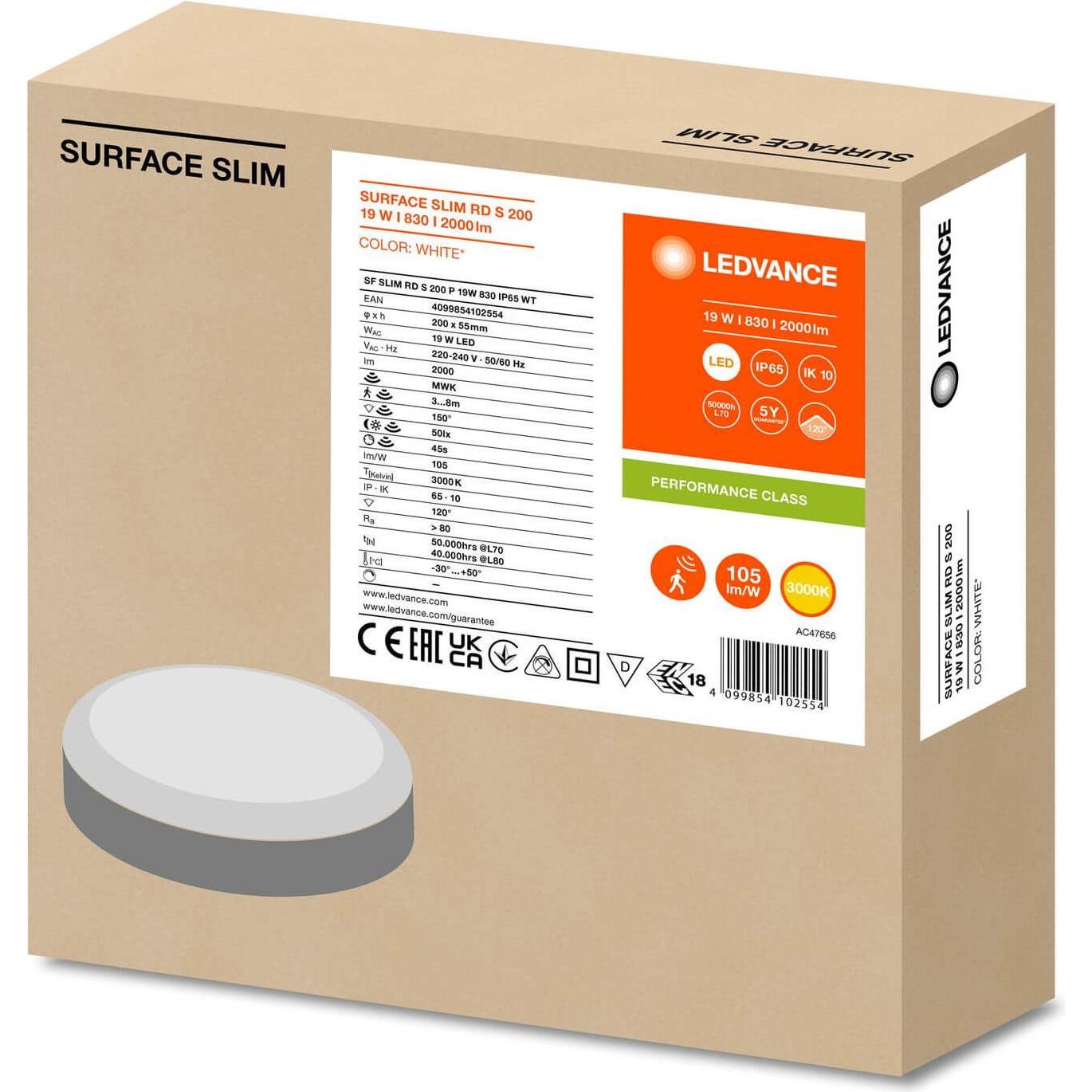 Thumbnail - Ledvance, Wandleuchte + Deckenleuchte, SURFACE SLIM Wand-/Deckenleuchte IK10 rund 200 Sensor 19W 830 weiss IP65 (2000 lm...