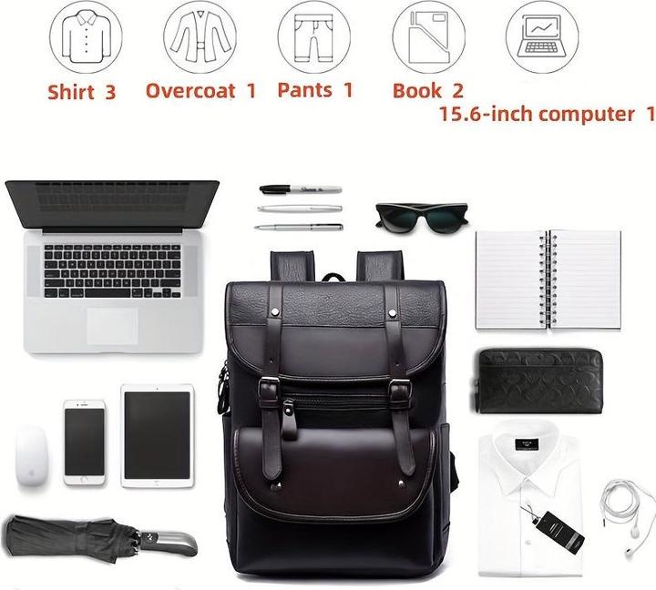 Actual product image Only-Bags.Store Men's Vintage Simple PU Leather Large Capacity Backpack, Casual Outdoor Travel Backpack