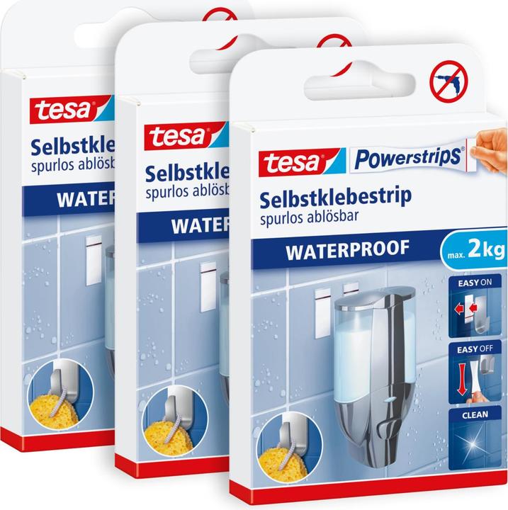 Produktbild tesa 3x wasserfeste Powerstrips LARGE, 2kg Halteleistung, 18 doppelseitige Klebestreifen