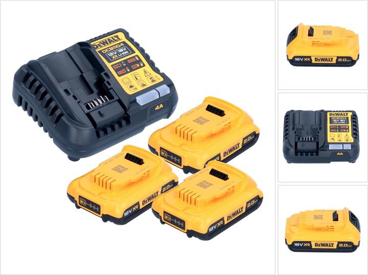 3x DeWalt DCB 183 18 V 2.0 Ah battery, 1x DeWalt DCB 1104 quick charger