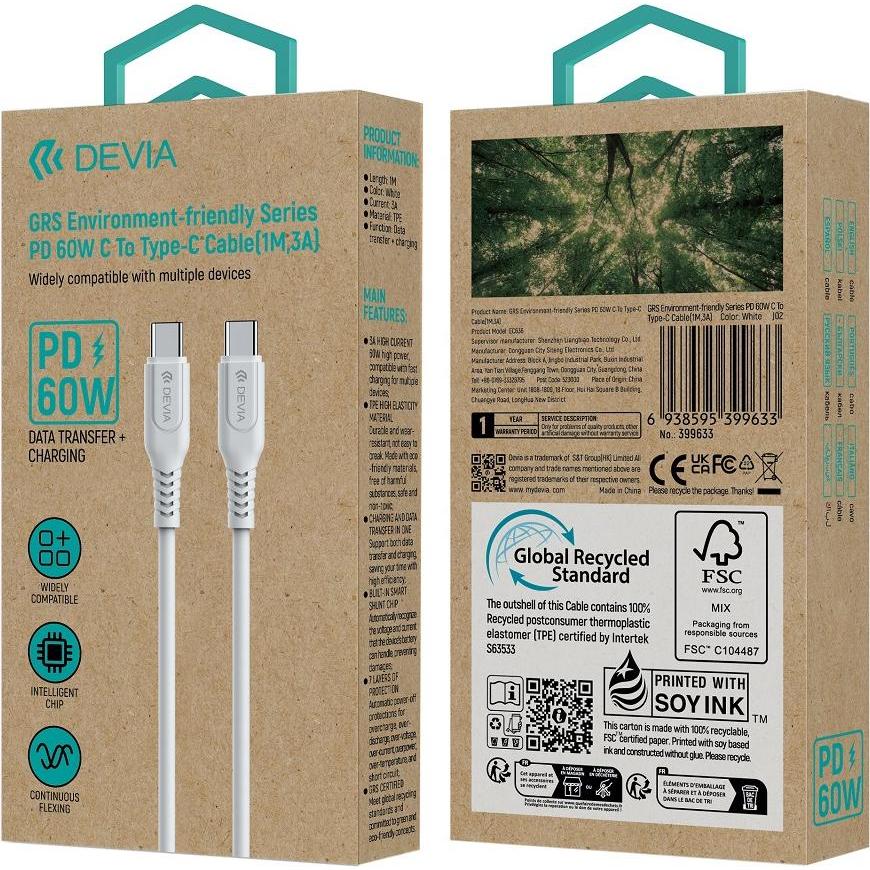 Devia Kabel GRS EC636 PD USB-C - USB-C 1,0 m 60W 3A weiss (1 m, USB 1.0), USB Kabel