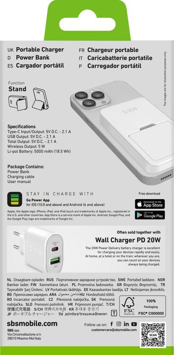 Produktbild SBS Powerbank Stand 5.000mAh USB-C/MagSafe 10W weiá (5000 mAh, 10 W, 18.50 Wh)