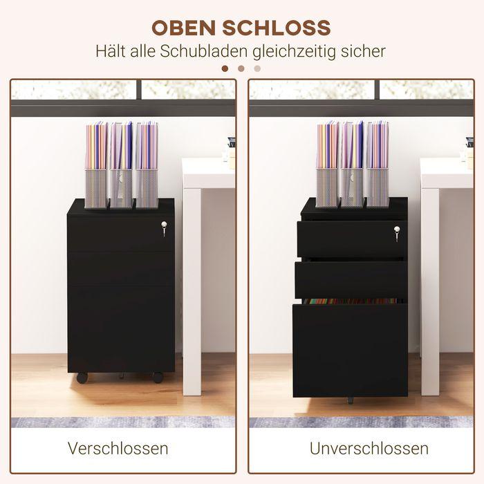 Produktbild Swisshandel24 Rollcontainer Aktenschrank, 3 Schubladen, abschliessbar, rollbar, 37cmx43,5cmx60cm, Schwarz (43.50 x 37 x 60 cm)