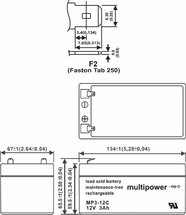 Actual product image Multipower MP3-12C Blei Akku 6,3mm Faston Stecker, zyklenfeste Ausführung (12 V)