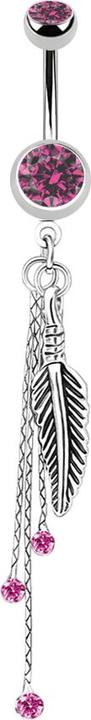 Immagine prodotto Star Piercing Banana in argento con due sfere di cristallo rosa, ciondolo con piume e catene (Ottone, Acciaio chirurgico 316L)