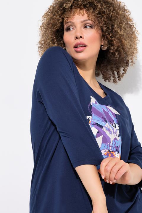 Immagine prodotto Ulla Popken maglia lunga, fiori, taglio ad A, scollo a V, manica 3/4 (56)