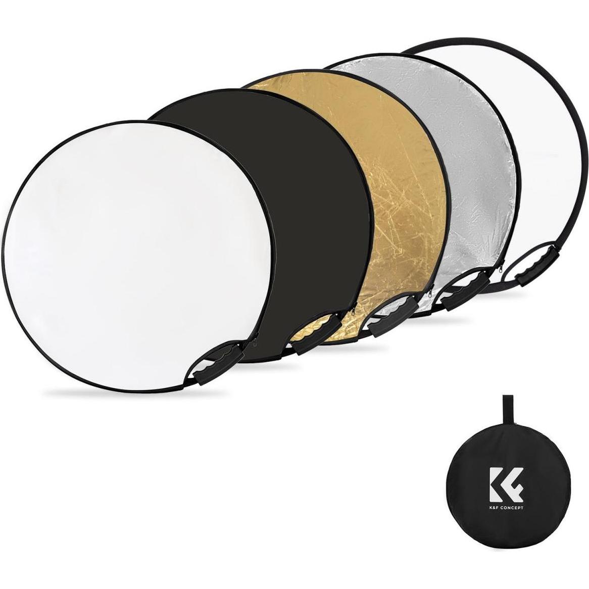 K&F Concept 5 in 1 Circular Photography Reflector 56cm with Handle Grip Gold Sliver Black White Translucent Pan, Softbox...