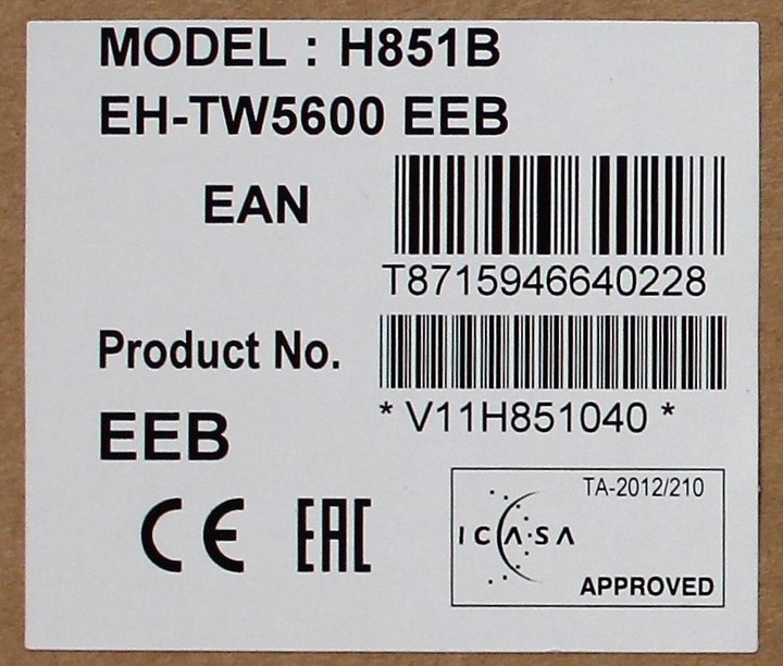 Actual product image Epson Eh-Tw5600 (Full HD, 2500 lm, 1.33 - 2.16:1)
