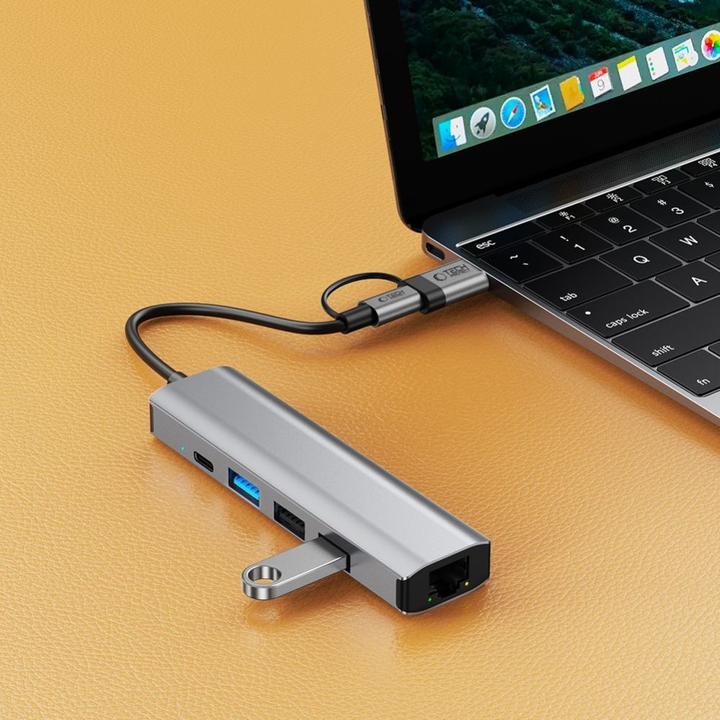 Immagine prodotto Tech-Protect HB03 HUB Adapter 5in1 USB-C + USB2.0 + USB3.0 + RJ45 - gray (USB-A, USB-C, 5 porte)