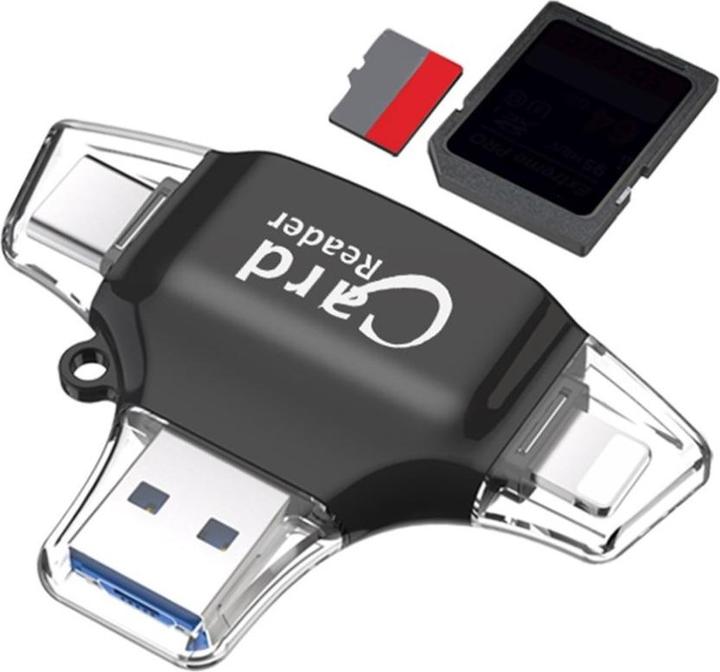 Produktbild Deltalabs 4in1 Mini-Kartenleser für SD/MicroSD – Lightning, USB C & Micro USB (Schwarz)