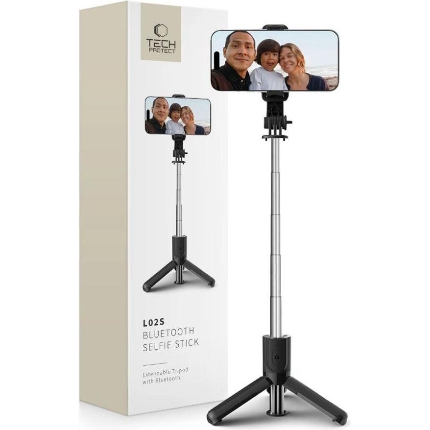 Tech-Protect L02S Bluetooth-Selfie-Stick mit Stativ bis 72 cm – Schwarz, Selfie Stick, Schwarz