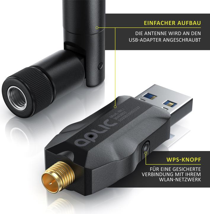 Produktbild Aplic WLAN Stick, WIFI Adapter 1200MBit/s, 2,4Ghz + 5Ghz Dual Band, 5 dBi externe Antenne, USB 3.2 Dongle (USB-C 3.2 Gen 1)