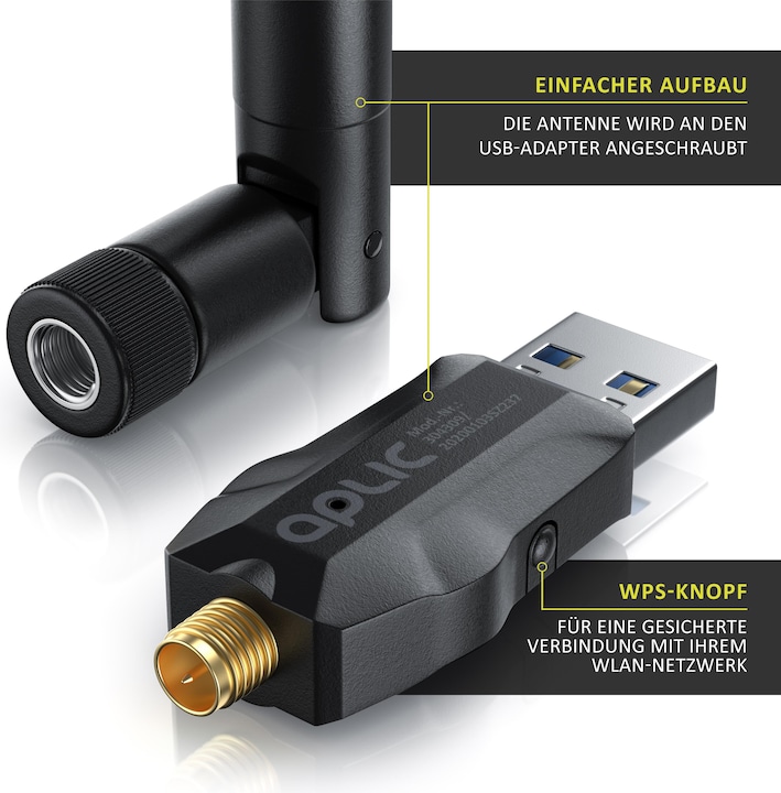 Actual product image Aplic WLAN stick, WIFI adapter 1200MBit/s, 2.4Ghz + 5Ghz dual band, 5 dBi external antenna, USB 3.2 dongle (USB-C 3.2 Gen 1)