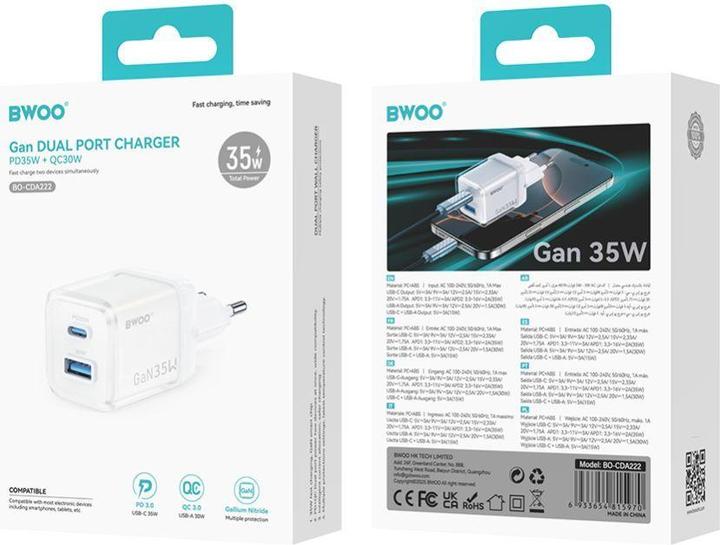 Actual product image Bwoo GaN wall charger CDA222 PD 35W 1 x USB 1 x USB-C, white (35 W, 2 ports)