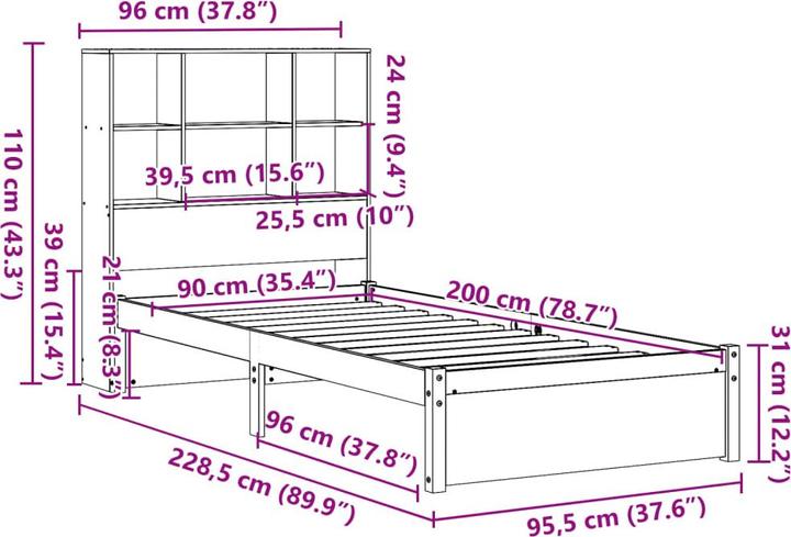 Produktbild vidaXL Massivholzbett Holzbett Bett mit Regal ohne Matratze 90x200cm Kiefernholz (90 x 200 cm)