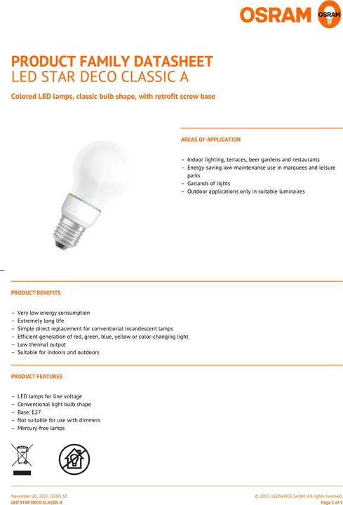 Nährwerte und Zutaten Osram Star A DécorColor (E27, 2 W, 10 lm, 1 x, G)