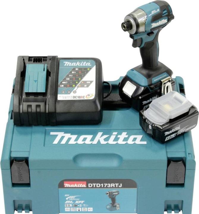 Immagine prodotto Shots Makita DTD 173 RTJ Akku Schlagschrauber 18 V 180 Nm 1/4“ Brushless + 2x Akku 5,0 Ah + Ladegerät +