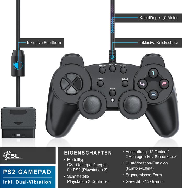 Immagine prodotto CSL 2x Controller PlayStation, Gamepad PS2 con doppia vibrazione (effetto rumble), precisione e comfort (PS2)