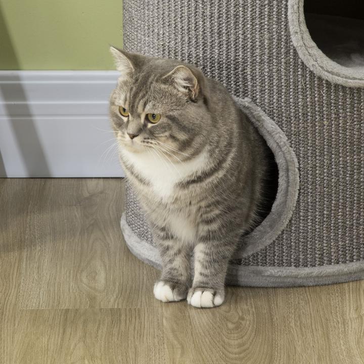 Actual product image PawHut Scratching bin with 3 caves (70 cm, Light grey)