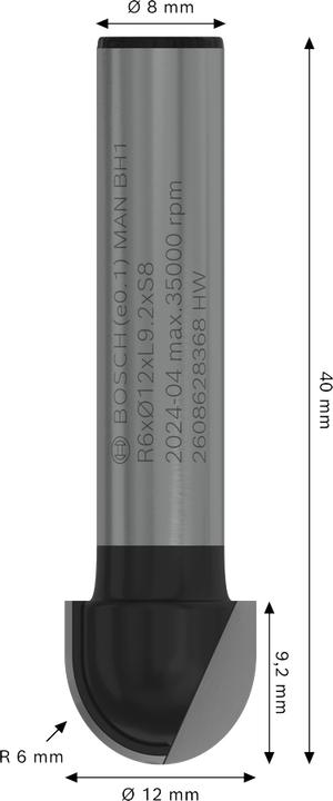 Produktbild Bosch Professional Zubehör Hohlkehlfräser, 8 mm, R1 6 mm, D 12 mm, L 9,2 mm, G 40 mm