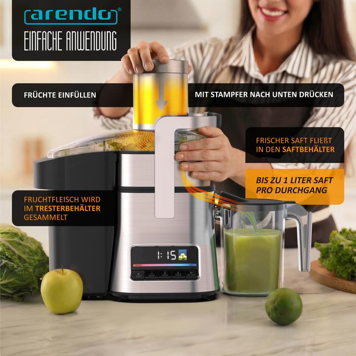 Actual product image Arendo Zentrifugalentsafter, BPA Frei, Edelstahl, 1000W, XXL-Einfüllschacht, Programme, Display, Tropfstopp