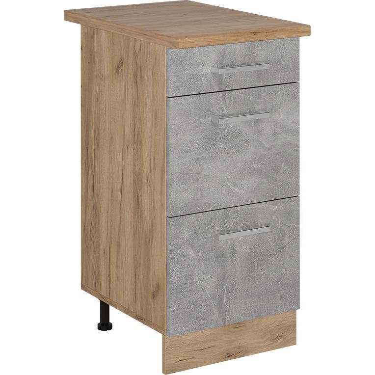 Vicco, Regal, Küchenunterschrank R-Line, Beton/Goldkraft Eiche, 40 cm mit Schubladen, AP Eiche